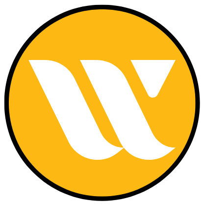 Een vetgedrukte witte gestileerde "W" op een gele cirkelvormige achtergrond, gecentreerd met een zwarte rand.