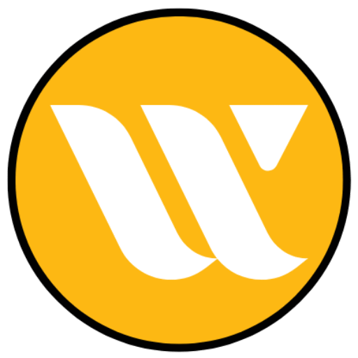 Een gele cirkel met een dikke zwarte omtrek bevat een gestileerd wit "W"-logo in het midden.